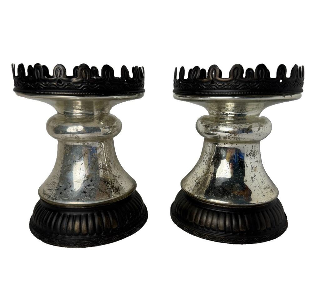 POTTERY BARN Antique Mercury Glass Filigree Candle Holders VTG Look Pair of 2